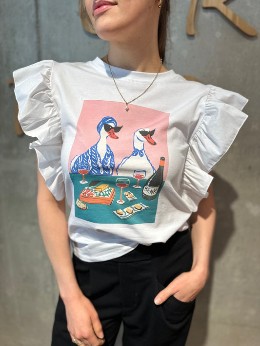 Shirt "Shaina Rüschenarm Enten" Weiß